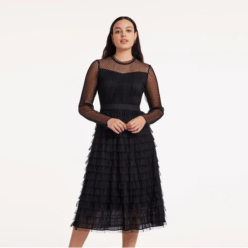 Vista 4 de Vestidos midi de gasa de manga larga para mujer, con capas, para invitadas de boda, cóctel, baile, fiesta de noche