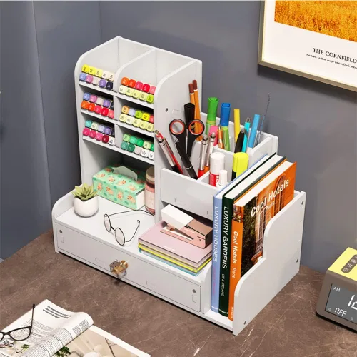 Vista 6 de Hggzeg Organizador de escritorio para bolígrafos, organizador de papelería con cajones y 2 soportes para archivos, almacenamiento de suministros