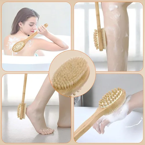 Vista 4 de BoAn Cepillo corporal de cepillado en seco con mango largo y doble cara, cepillo corporal seco para celulitis y linfático, cepillo de baño