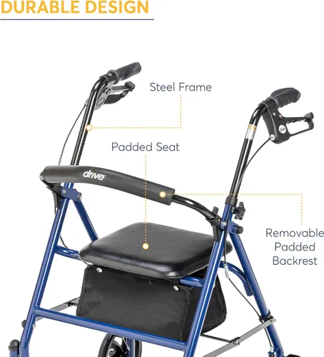 Vista 4 de Drive Medical 10257BL-1 - Andador con ruedas de 4 ruedas con asiento, andador de acero con ruedas, altura ajustable y 10210-1 andador plegable de 2