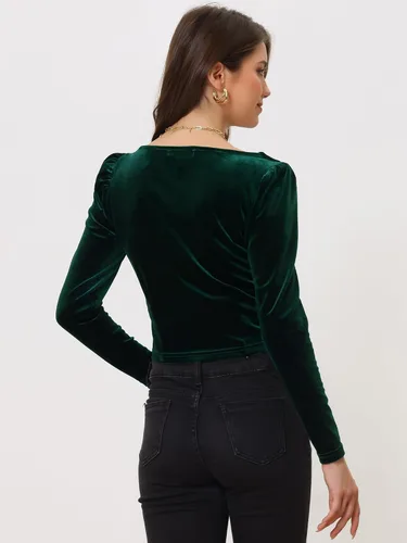 Vista 3 de Allegra K Blusa corta de manga larga para mujer, blusa de terciopelo con cuello cuadrado