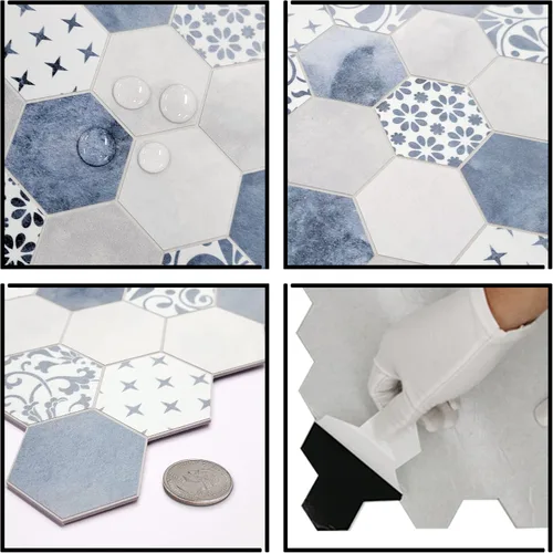 Vista 5 de The Tiles Plaza 10 Hojas de Azulejos Despegar y Pegar para Salpicadero, Aspecto de Mármol Compuesto de Piedra Hexagonal de Cemento Azul Autoadhesivo