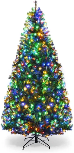 Vista 2 de Árbol de Navidad artificial preiluminado de 7 pies, árbol de Navidad con bisagras de lápiz con 500 luces LED de doble color, 1570 ramas de PVC, 11