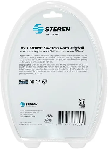 Vista 7 de Steren Conmutador HDMI de 2 puertos (2 en 1 salida) Selector HDMI Plug-and-Play - Divisor de interruptor HDMI 2.0 de 4K a 60Hz con cable HDMI largo