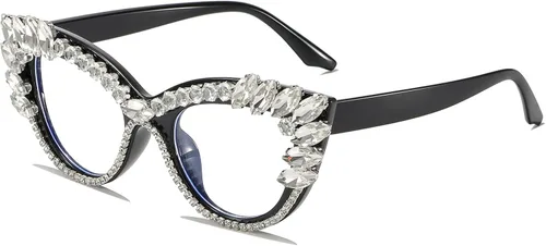 Vista 11 de LJCZKA Rhinestone Cat Eye Glasses Women Retro Diamond Bling Shiny Cateye Blue Light Blocking Glasses Computer Eyeglasses