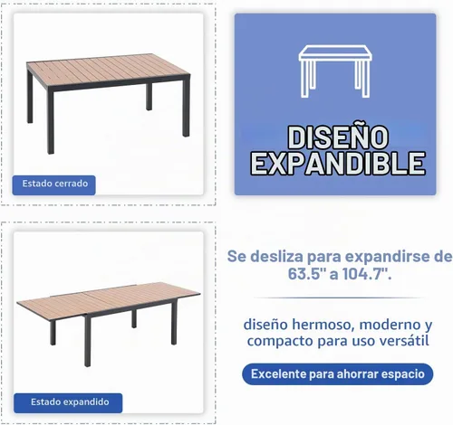 Vista 7 de Soleil Jardin Mesa de Comedor Extensible de Aluminio para Patio, 63" - 105", Mesa Rectangular Ajustable para Interiores y Exteriores con Superficie