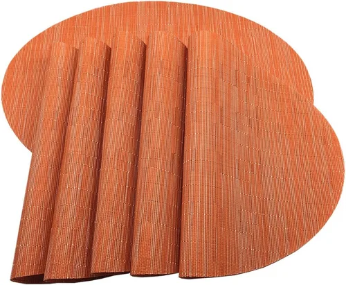 Vista 19 de Juego de 4 manteles individuales de vinilo tejido ovalado de bambú de imitación rojo A, resistentes al calor, lavables para mesa de cocina