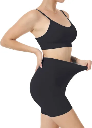Vista 3 de JNINTH - Conjunto de yoga sin costuras para mujer, 2 piezas, brasier deportivo de entrenamiento, con pantalones cortos de cintura alta