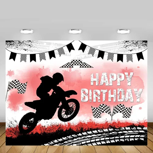 Vista 5 de MEHOFOND Telón de fondo de feliz cumpleaños, decoración de fiesta de motocross, telón de fondo de pista de neumáticos de motocicleta, suministros