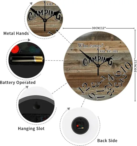 Vista 2 de Reloj de pared de madera de 12 pulgadas con texto en inglés "Who Cares You're on Camping Silent Silent Silent Quiet Wall Clock Retro Old Fashioned