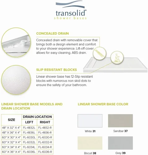 Vista 4 de Transolid FL6034R-39 - Base de ducha rectangular lineal de 60 pulgadas de ancho x 34 pulgadas de largo, con drenaje a la derecha, color gris