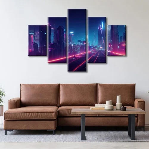Vista 274 de Cuadros de 5 paneles de Cyberpunk City, arte de pared, representación de vallas publicitarias, edificios modernos en la capital con obras de arte