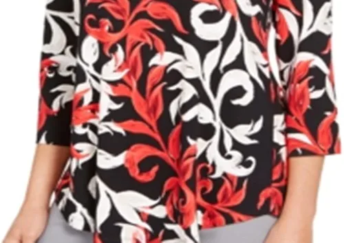 Vista 3 de JM Collection Camiseta estampada con cuello redondo para mujer, color rojo, talla XS, Rojo, XS