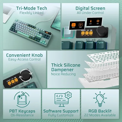 Vista 2 de LTC Nimbleback NB841 PRO - Teclado mecánico inalámbrico 75% con pantalla y perilla, 2.4 GBTUSB-C con cable RGB 84 teclas, amortiguador de 3 capas