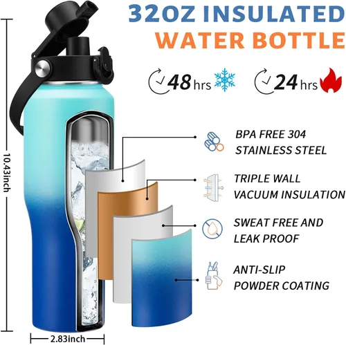 Vista 3 de Botella de agua aislada de 32 onzas con pajilla, mantiene el frío 48 horas o el calor 24 horas, termo de acero inoxidable al vacío con mango