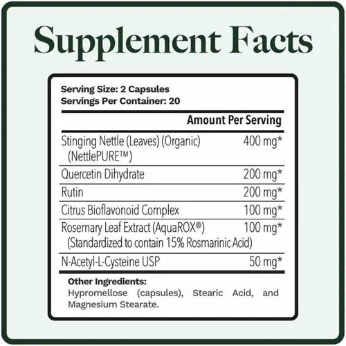 Vista 2 de Utzy Naturals Allurtica Suplemento de apoyo respiratorio y sinusal con quercetina y ortiga Soporte estacional para adultos y niños No