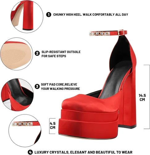 Vista 6 de onlymaker Women's Chunky Heel Platform Sandals Crystal Clasp Square Toe Rhinestone Ankle Strap Satin Pumps