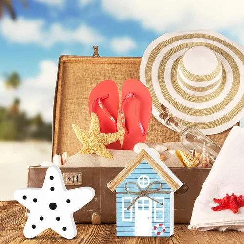 Vista 4 de Maitys 5 piezas de decoración de mesa de playa, decoración de bandeja escalonada de verano, estrella de mar, casa costera, letrero de bloque