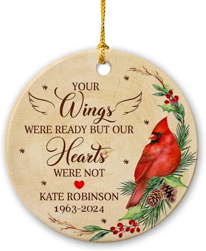 Vista 15 de Adorno de Navidad cardenal rojo conmemorativo personalizado, adorno de cerámica cardenal enviado del cielo, adorno de recuerdo para la pérdida de un