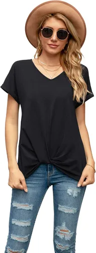 Vista 4 de Iandroiy Blusas de verano cómodas y casuales de manga corta con cuello en V para mujer, camisetas con nudo torcido