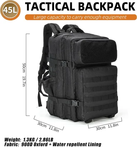 Vista 3 de gracedon Mochila Táctica Militar para Hombres y Mujeres, Mochila de Campamento del Ejército, Mochila de Asalto de 45L para Viajes, Senderismo (Negro)