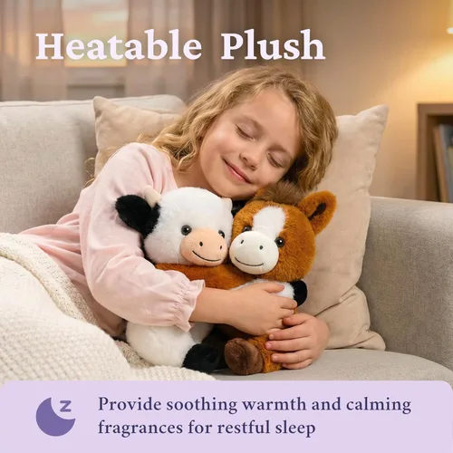 Vista 2 de IKASA Dúo de animales de peluche de vaca y caballo para microondas, calentable y refrigerable de 1.5 libras con aroma a lavanda con peso, 2 piezas