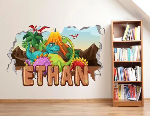 Vista 6 de AdesiivoStudio - Calcomanías de pared de dinosaurio con nombre personalizado, calcomanías de dinosaurio, decoración de habitación de dinosaurios