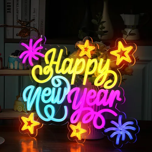 Vista 6 de Retisee - Letrero de neón de feliz año nuevo, luz LED alimentada por USB, letrero de neón de feliz año nuevo para decoración de pared