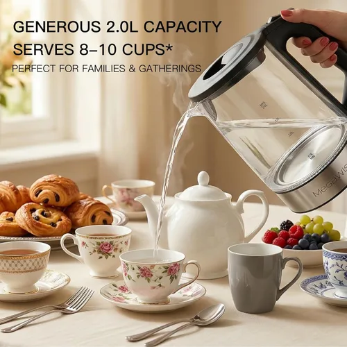 Vista 8 de MEGAWISE 2L Hervidor eléctrico de cristal, caldera de agua de 1000W con luz Negro