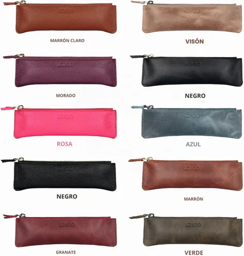 Vista 4 de Londo Estuche para bolígrafos y lápices de piel de vaca genuina con cremallera, soporte delgado para pluma estilográfica, bolsa para lápices Negro