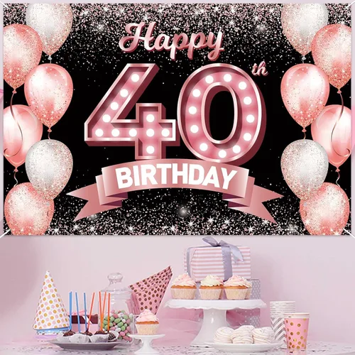 Vista 359 de Cartel de feliz cumpleaños décimo oro rosa, telón de fondo, saludos a 10 años, globos de confeti, decoración temática para niñas de 10 años