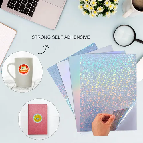 Vista 4 de Nihuecne 24 hojas de papel adhesivo de vinilo imprimible tamaño A4 (8.25 x 11.7 pulgadas), papel adhesivo holográfico brillante, autoadhesivo