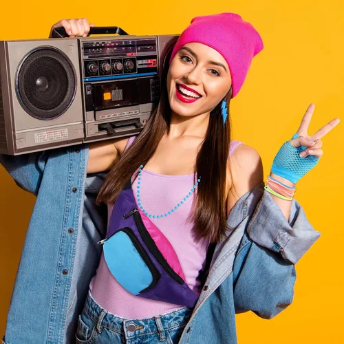Vista 7 de Handepo Juego de 19 accesorios de disfraz de los años 80, diseño retro de los años 80, riñonera de neón de los años 80, banda para el pelo, guantes