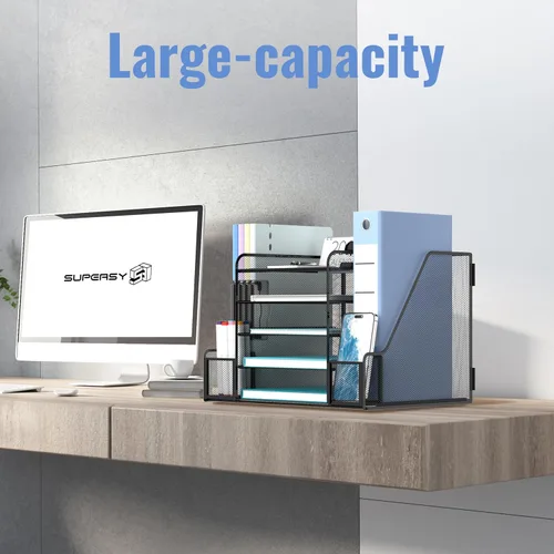 Vista 2 de SUPEASY Organizador de escritorio, organizador de archivos de escritorio de malla de 5 niveles con sujetalibros, soporte para archivos, 2 vasos