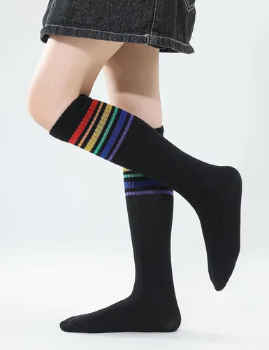 Vista 4 de TOCONFFON Calcetines de tubo hasta la rodilla para niños, niñas y adolescentes, calcetines deportivos de algodón para la escuela de fútbol, uniforme