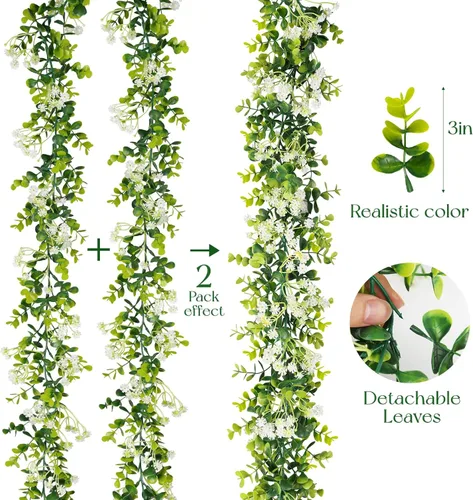 Vista 6 de Guirnalda de eucalipto con flores de 6 pies, paquete de 2 guirnaldas artificiales de eucalipto colgantes de verano adecuadas para mesa, boda, telón