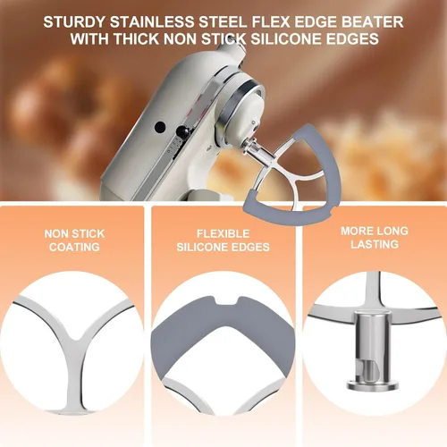 Vista 3 de Stainless Steel Flex Edge Beater with Silicone Edges and Pouring Shield Compatible with KitchenAid 4.5-5QT Mixer Bowl, Beater Paddle Attachment