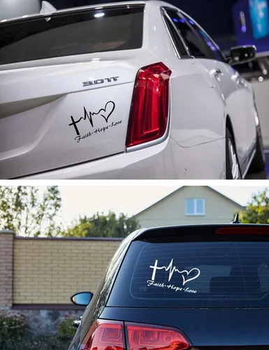 Vista 5 de Calcomanías adhesivas de fe, esperanza y amor en forma de corazón para autos, calcomanía de vinilo de la cruz de Jesús para ventanas de autos