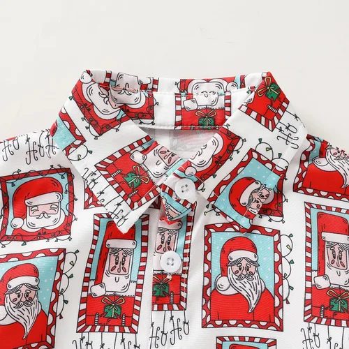 Vista 4 de JEELLIGULAR Conjunto de pantalones cortos y camisa con botones y estampado de Papá Noel para niños pequeños