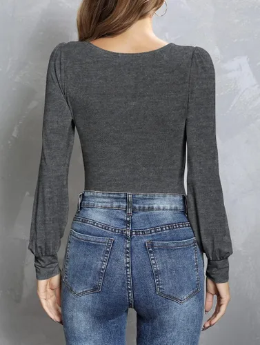 Vista 4 de BONITEE Body de manga larga abombada para mujer, cuello cuadrado, camiseta sin mangas, elástica, ajustada