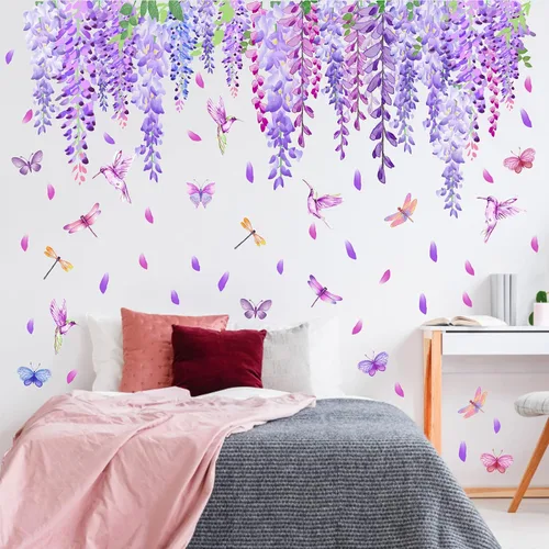 Vista 2 de Calcomanías de pared de flores moradas de acuarela, calcomanías de ventana