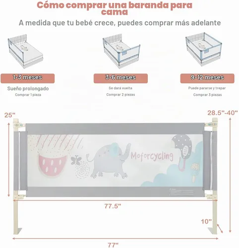 Vista 7 de BABY JOY Riel de cama para niños pequeños, 77 pulgadas, extra largo, altura ajustable y plegable, protector de riel de cama de bebé con malla Gris