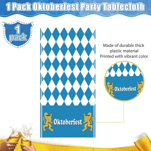 Vista 4 de 1 Pack Bavarian Oktoberfest Disposable Tablecloth Decorations, Plastic Rectangle Blue and White Bavarian Flag Check Table Cover, Oktoberfest
