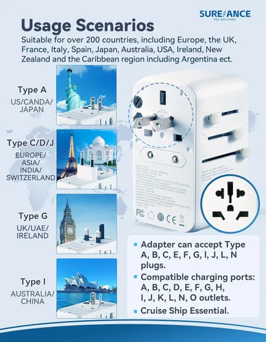 Vista 4 de Adaptador de viaje universal de 70 W, adaptador de enchufe con un cable USB C de carga rápida de 65 W, 1 USB-C PD y 2 USB-A QC, el mejor regalo