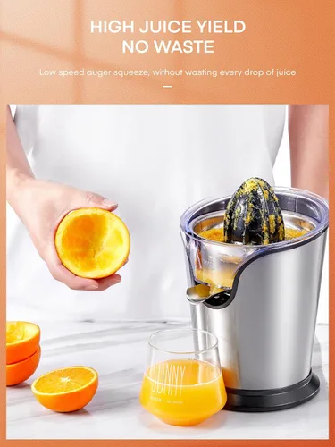 Vista 3 de FOHERE Exprimidor de Jugo de Naranja Exprimidor Eléctrico de Cítricos con Dos Conos Intercambiables Adecuado para Naranja, Limón y Pomelo, Acero