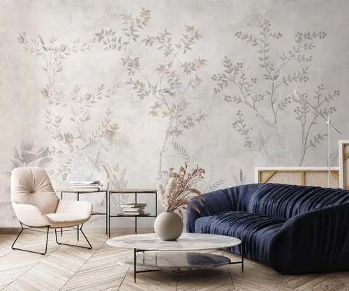 Vista 2 de Murwall Bright Chinoiserie Wallpaper Peacock Birds with Fruit Trees Wall Mural Monochrome Chinese Wallpaper