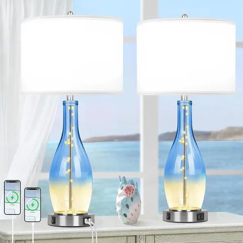 Vista 9 de BesLowe Juego de 2 lámparas de mesa de cristal de 26 pulgadas de alto con 2 puertos de carga USB y luz nocturna LED, lámparas de mesa costeras