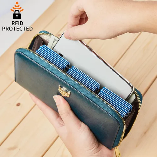 Vista 4 de FOXLOVER Carteras de cuero para mujer con bloqueo RFID pequeño y compacto tarjetero de crédito con bolsillo con cremallera Azul Classic