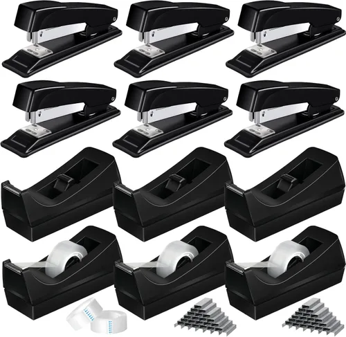 Vista 7 de Thenshop Juego de 6 grapadoras de escritorio, dispensadores de cinta, grapadoras negras para oficina de escritorio con grapas estándar, soporte
