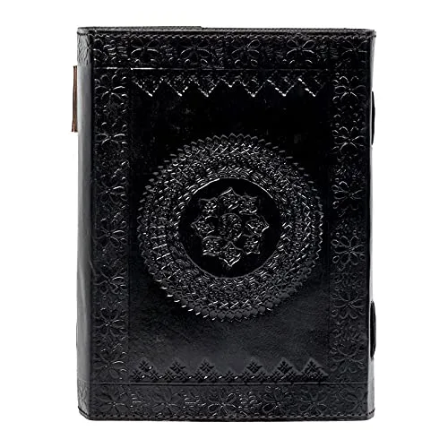 Vista 4 de QualityArt 10" Fat Leather Journal Large 600 Pages Black Pentacle Grimoire Book of Shadow Leather Notebook Journal Blank Handmade Book Sketchbook